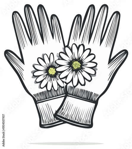 Gardening Gloves with Daisy Flowers: Hand-Drawn Illustration of Protective Wear and Floral Design
