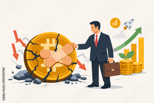 Businessman fixing a cracked Bitcoin with band-aids, symbolizing cryptocurrency market recovery, financial rescue, and investment stabilization after a price crash or economic collapse.