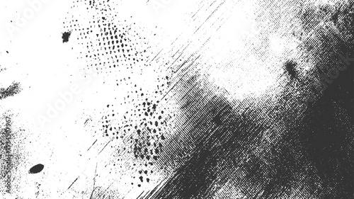 Black and white textured background with scattered dots and diagonal lines abstract