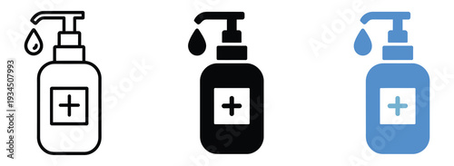 Hand sanitizer icon featuring protection and COVID-19 antiseptic sign vector set graphics with editable stroke linear icons for hygiene awareness, medical design and healthcare projects.