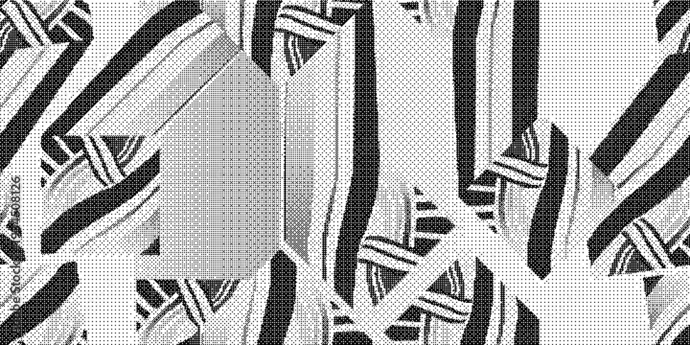 Naklejka premium Black and white abstract pattern with stripes and geometric shapes on textured background