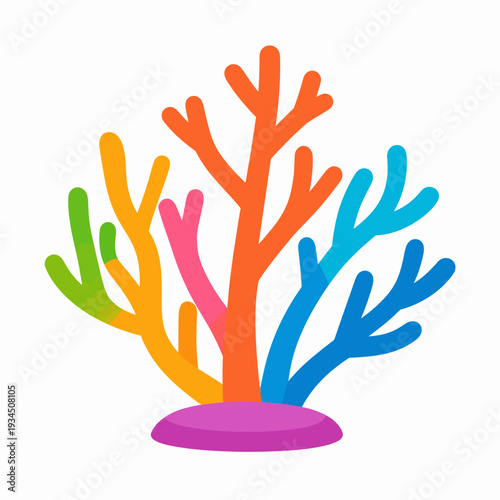 Playful vibrant coral reef illustration viewed from a frontal perspective, depicting a colorful underwater ecosystem with vivid colors orange, pink, blue, green, yellow and purple accents