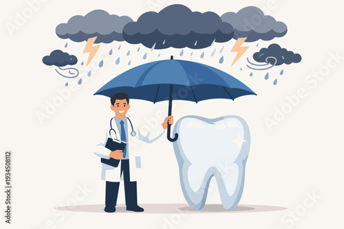 Professional Dentist Character Holding Umbrella over a Healthy White Tooth to Protect it from Stormy Weather, Symbolizing Dental Insurance, Oral Healthcare Coverage, and Medical Cost Security