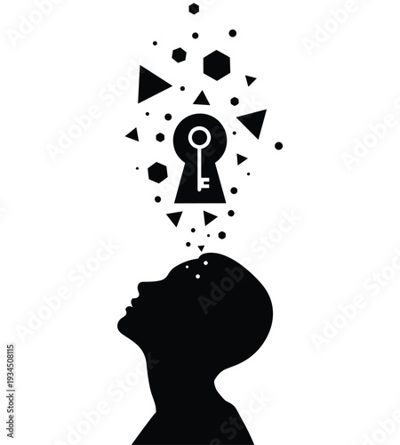 Abstract concept of human mind with key and geometric shapes illustration