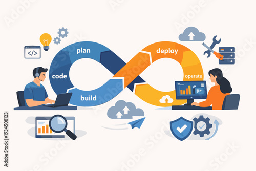 DevOps Development and Operation for Agile Software Development Working Cycle to Operate and Support Projects with Infinity Loop, Developers Coding, Monitoring, and Cloud Computing Icons
