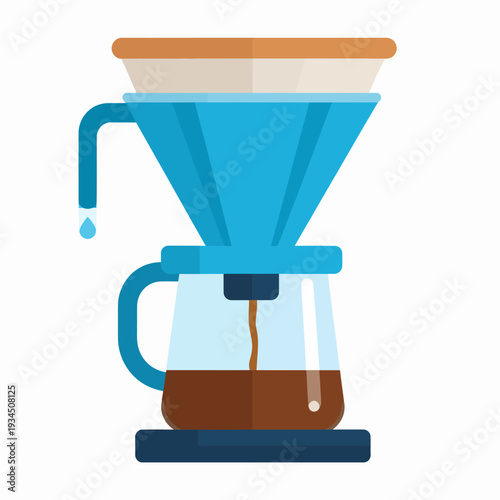 Close-up view of a sleek glass pour-over coffee maker with blue base and light blue funnel, illustrating manual brewing process on a clean white background for instructional illustration