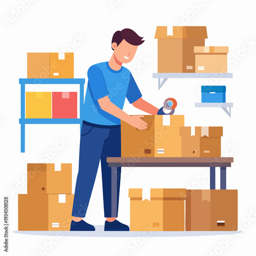 Cartoon illustration of a focused man packing boxes with tape in a bright warehouse setting, seen from a front viewpoint, highlighting industriousness and organization