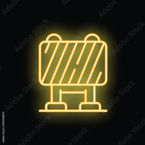 Yellow neon sign of a roadblock sign glowing on a black background