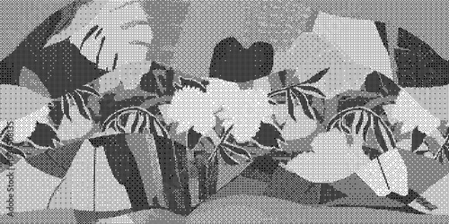 Black and white floral pattern with leaves and flowers arrangement