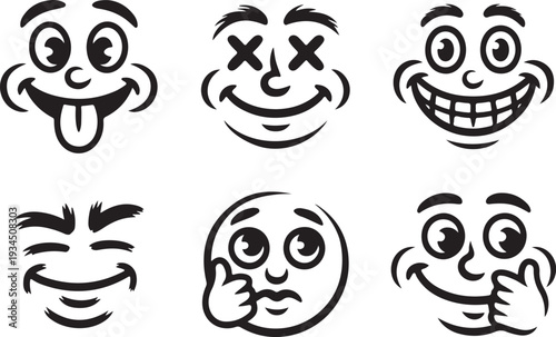 Set of six cartoon faces with various expressions vector illustration. Expressions include silly dizzy happy winking confused and cheerful