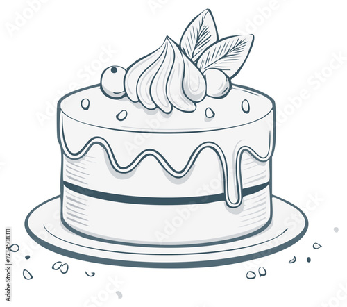 Hand Drawn Sketch Illustration of Cake with Cream, Berries, and Leaves Dessert on a Plate for Celebration or Cafe Menu Decor