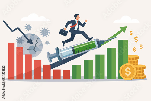 Economic recovery and financial growth concept after COVID-19 pandemic crisis. Businessman running on a vaccine syringe towards success, profit, and market stability with rising bar charts.