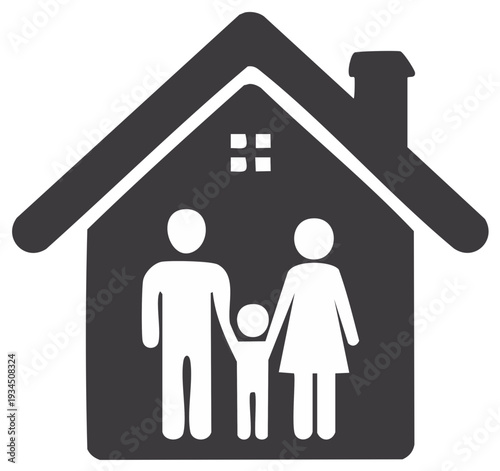 Family of Three in a House Icon Representing Homeownership, Shelter, and Security