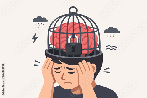 Fixed Mindset and Mental Health Concept Illustration with a Brain Locked in a Cage Representing Psychological Block, Suppression, Anxiety, and Negative Emotions of a Person Feeling Trapped.