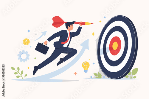 Businessman in suit running towards a target with a giant dart, achieving business goals, success motivation, reaching objectives, career growth, professional achievement, target marketing.
