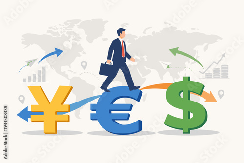 Businessman walking on global currency symbols Yen, Euro, and Dollar with world map background, representing foreign exchange trading, international investment, and global fund flow concept.