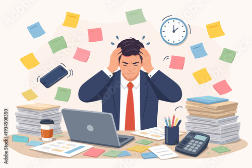 Overwhelmed Businessman Stressed by Heavy Workload and Multitasking at Messy Desk with Stacks of Paper, Floating Sticky Notes, and Laptop, Concept of Burnout, Deadline Pressure, and Office Stress
