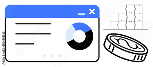 Data analytics. Data analytics interface with chart and pie graph, financial strategy and problem solving. Data analytics for business, research, decision-making, and finance