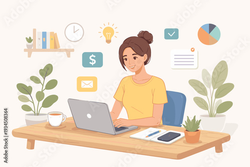 Young woman working from home on a laptop at a wooden desk with plants, coffee, and icons for business, finance, and productivity, ideal for freelance, remote work, and online business concepts.