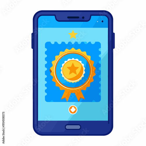 User taps a sleek dark-blue smartphone displaying a gold star and vibrant award ribbon stamp within a modern app interface, viewed from a front angle against a clean white backdrop