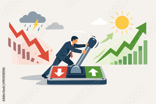 Businessman pulling a large lever to change direction from a falling market with storm clouds to a rising stock market with bright sunshine, representing economic recovery and growth strategy.