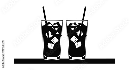 Two glasses filled with iced beverages stand on a dark surface presented as a striking silhouette high quality