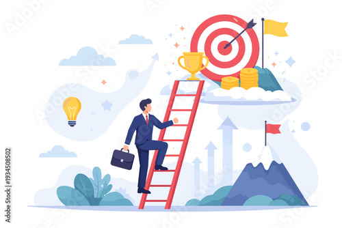Businessman climbing a red ladder to reach a target and trophy on a cloud. Concept of career growth, business success, motivation, and achieving goals through strategy and creative ideas.