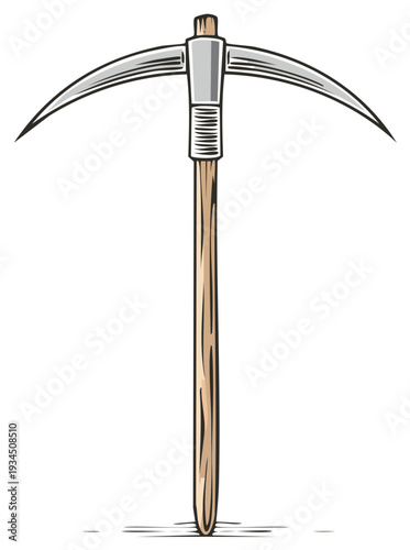 Classic metal and wooden pickaxe tool for mining and excavation work detailed illustration