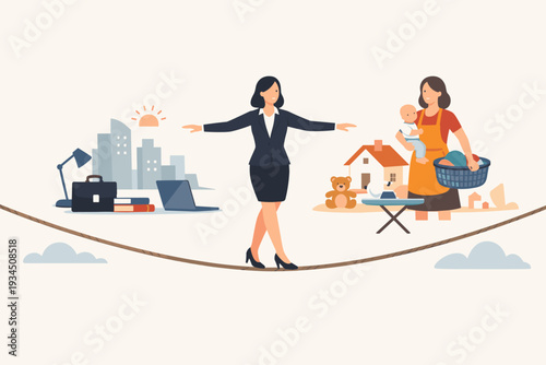 Businesswoman Balancing Work and Life on a Tightrope Illustration, Concept of Choosing Between Career and Family, Professional Woman Juggling Office Responsibilities and Domestic Home Duties