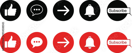 Social Media Subscribe and Notification Button Icons in Black and Red Circle Style Isolated on White Background