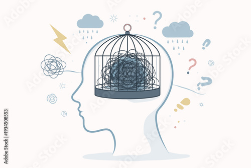Conceptual Mental Health Illustration of a Human Head with a Birdcage Containing Tangled Thoughts, Symbolizing Stress, Anxiety, Depression, Overthinking, and the Feeling of Being Trapped Mentally.