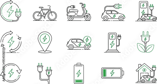 Electric vehicle charging station and renewable energy icon set featuring EV cars bikes batteries and green power symbols
