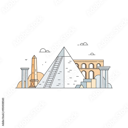 Ancient Egyptian Landmarks: Pyramid, Obelisk, and Colonnade - Stylized Vector Illustration