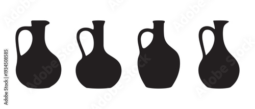 Rustic Black Ceramic Jugs and Pitchers Silhouette Vector Collection with Elegant Handles on White Background.