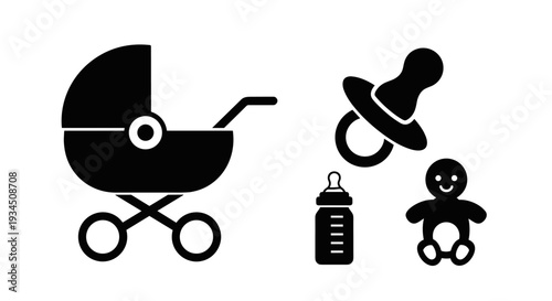 Baby stroller with pacifier and bottle.