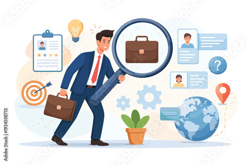 Professional businessman searching for career opportunities with a magnifying glass. Concept of job hunting, recruitment, talent acquisition, human resources, global employment, and vacancy.