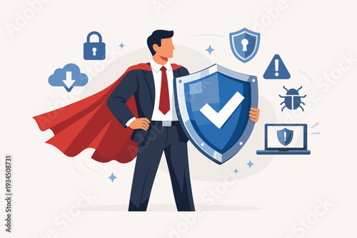Businessman Superhero Holding Shield for Cybersecurity Data Protection and Privacy Safety, Professional Defense Against Malware Virus and Network Attacks, Insurance and Safeguard Concept.