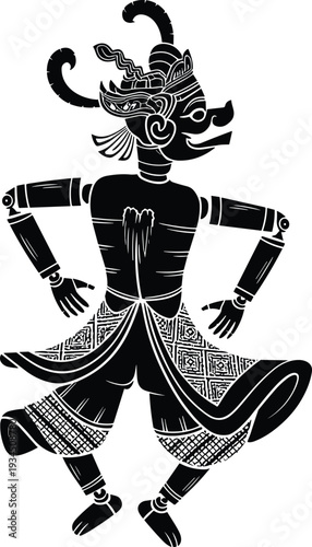 Traditional Indonesian Wayang puppet silhouette, Javanese cultural heritage character illustration isolated on white background artistic vector design