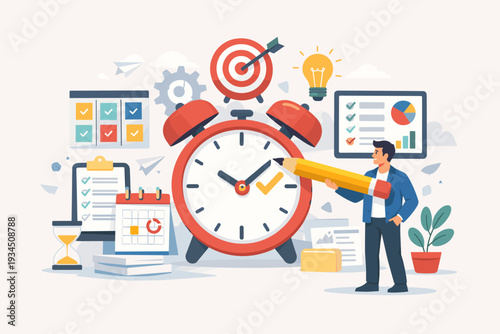 Business professional managing tasks and projects with a large alarm clock, checklist, calendar, and target. Concept of time management, productivity, efficiency, and meeting work deadlines.