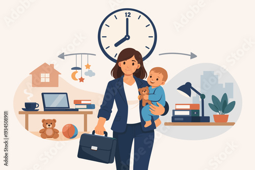Working Mother Balancing Career and Family Life Concept Illustration. Busy Mom Holding Baby and Briefcase with Home Office and Corporate Workplace Scenes. Work-Life Balance, Parenting, Career.