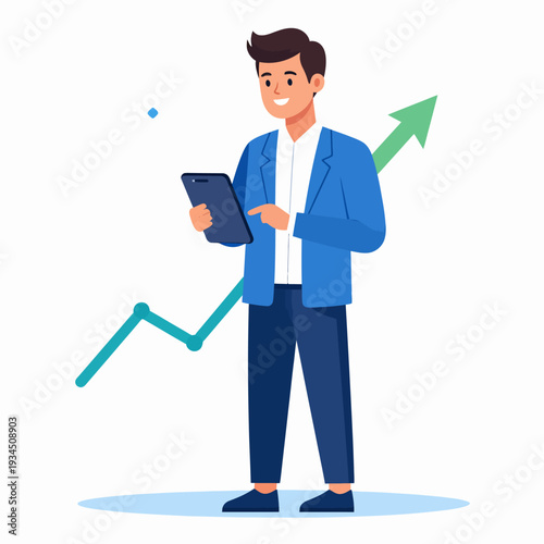 A confident business man in a blue suit holding a dark blue tablet while examining a rising green line graph and a large upward arrow, illustrated on a white background from a frontal viewpoint
