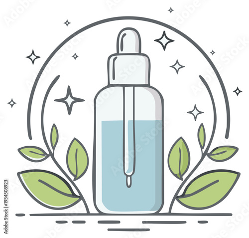 Organic skincare serum dropper bottle illustration with green leaves and sparkle details