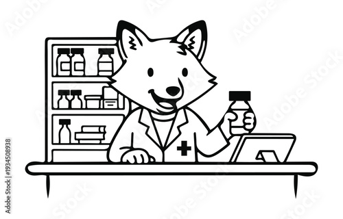 Cartoon wolf pharmacist holding medicine bottle at counter with shelves