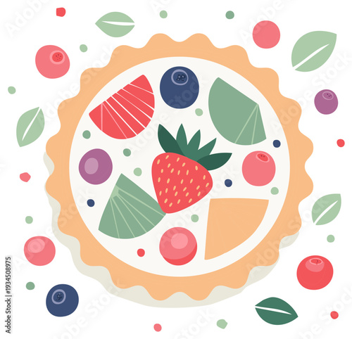 Top view of a fruity tart. Vector illustration of a colorful fruit pie with assorted berries, strawberry and fruit pieces.