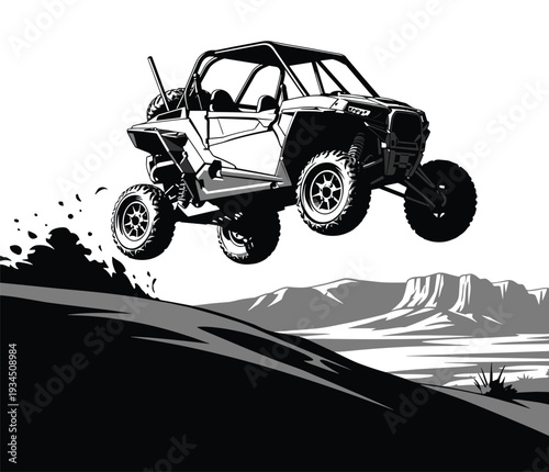 Action off-road UTV buggy jumping over desert hill terrain illustration