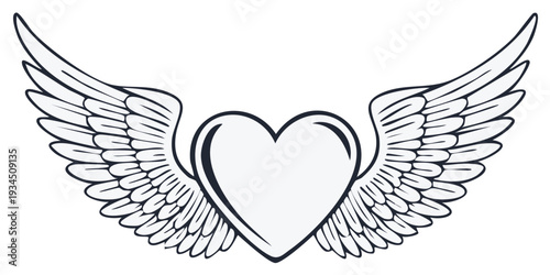 Stylized heart with feathered wings, outline illustration, angel wing design for Valentine's Day graphics