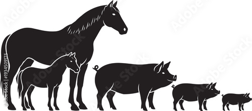 Family Farm Animals: Horse and Pig Groups in Silhouette