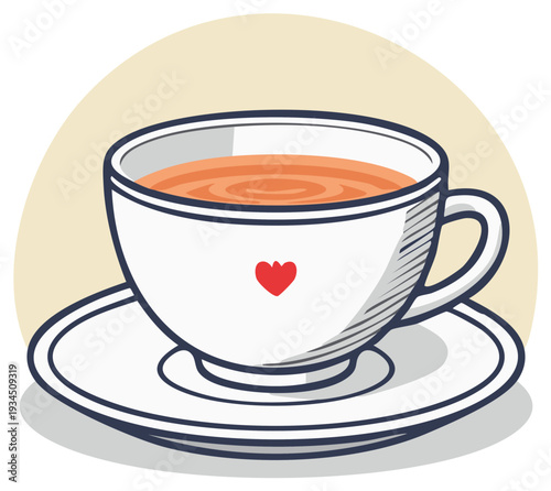 Tea Cup Illustration with Red Heart on Saucer Coffee Hot Drink Breakfast Beverage Minimalist Style Valentine's Day Love Symbol