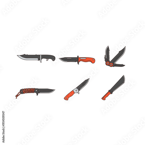 Modern Knives Collection, Various Designs, Sharp Blades, Orange Accents