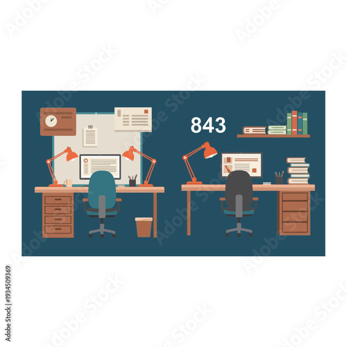 Empty Modern Office Workspaces Illustration with Desks and Chairs